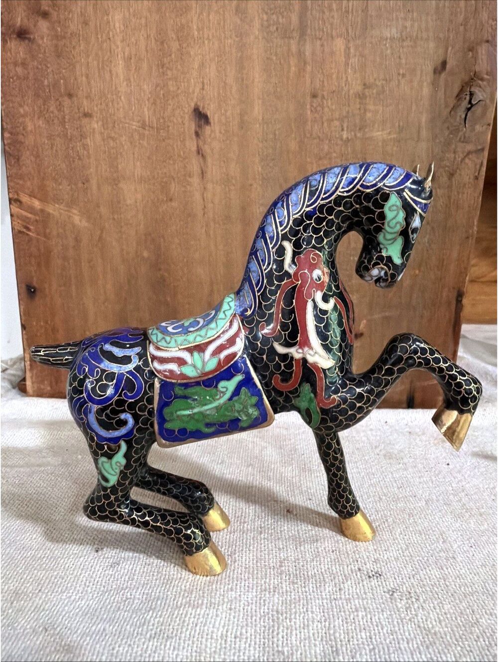 Vintage Chinese Cloisonne Black War Horse Figurine Prancing Tang Dynasty Statue
